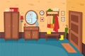 Cartoon hallway background. Panorama with stairs, doors, wardrobe, chest of drawers, mirror, coat rack with clothes, umbrella.Vect